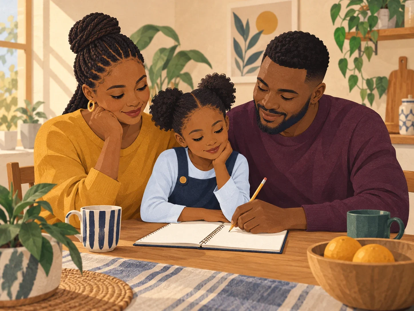 A family at their kitchen table planning a meaningful future goal together