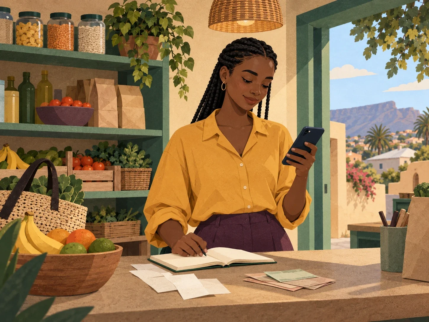 A South African shop owner takes a moment to plan her expenses with a phone, notebook and receipts at her shop counter
